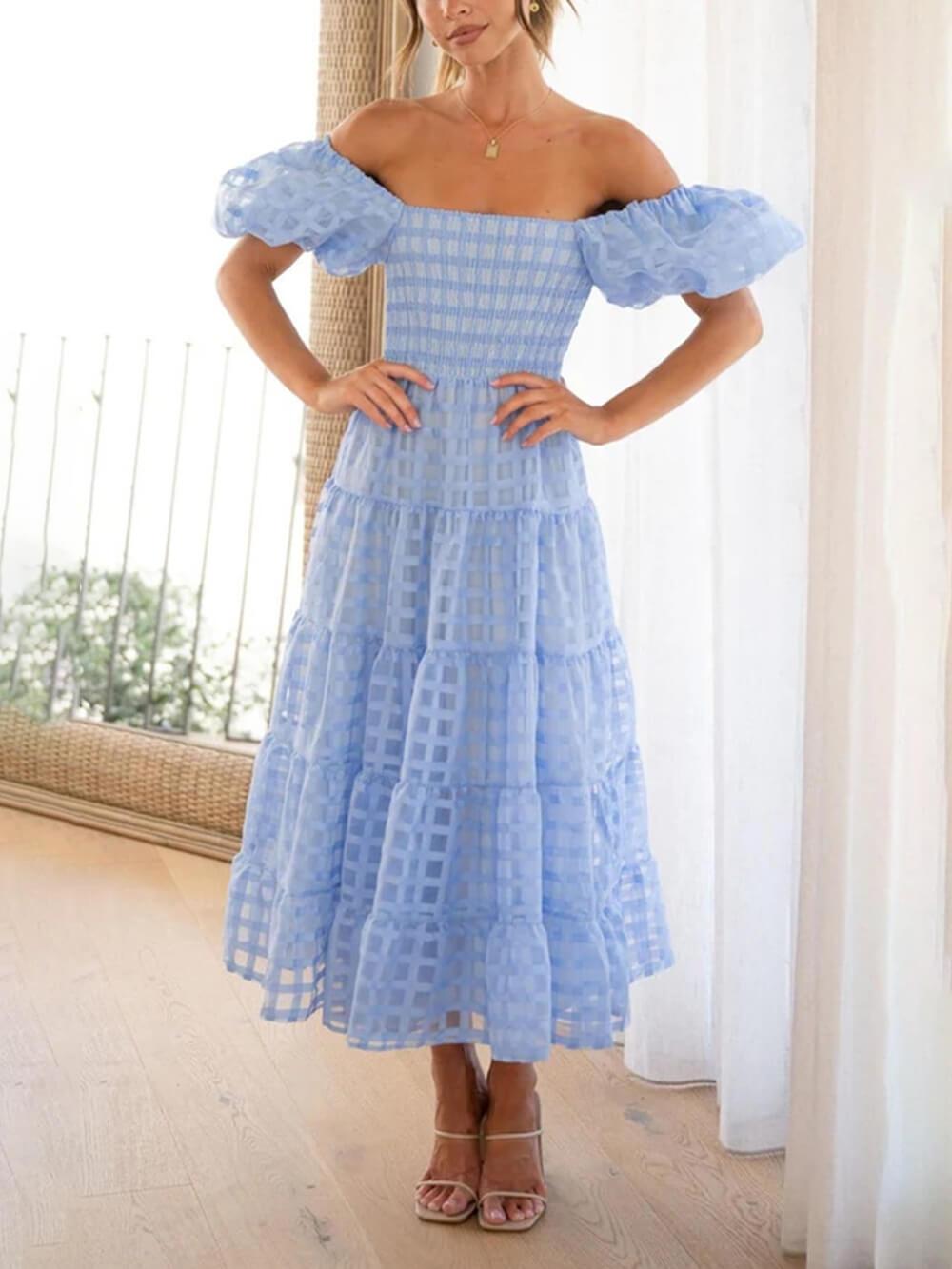 Aurohaya Fashionable One-Shoulder Chiffon Puff Sleeve Swing Midi Dress Blue