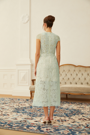 Aurohaya Linnea Green Floral Applique V-Neck Midi Dress
