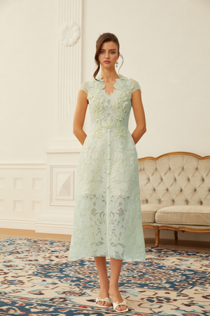 Aurohaya Linnea Green Floral Applique V-Neck Midi Dress