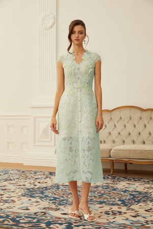 Aurohaya Linnea Green Floral Applique V-Neck Midi Dress