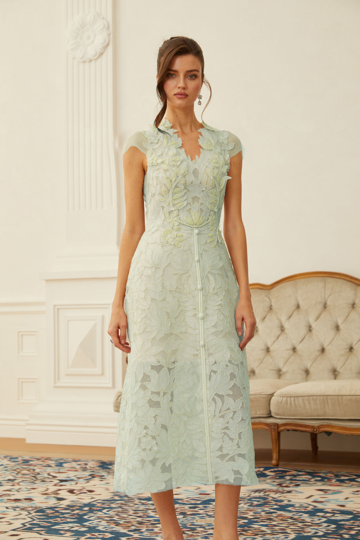 Aurohaya Linnea Green Floral Applique V-Neck Midi Dress