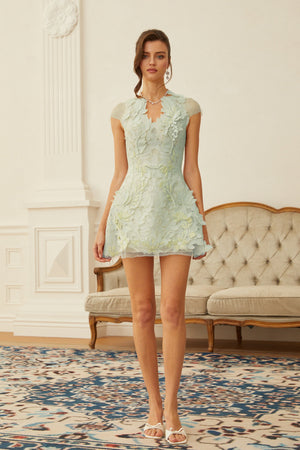 Aurohaya Linnea Green Floral Applique V-Neck Mini Dress