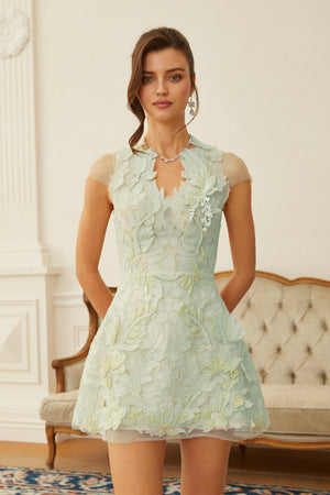 Aurohaya Linnea Green Floral Applique V-Neck Mini Dress
