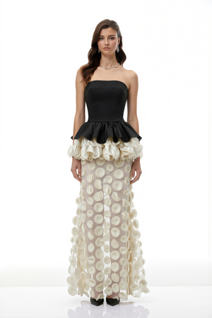 Aurohaya Lioren Black Off Shoulder Maxi Dress with Floral Applique