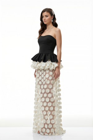 Aurohaya Lioren Black Off Shoulder Maxi Dress with Floral Applique