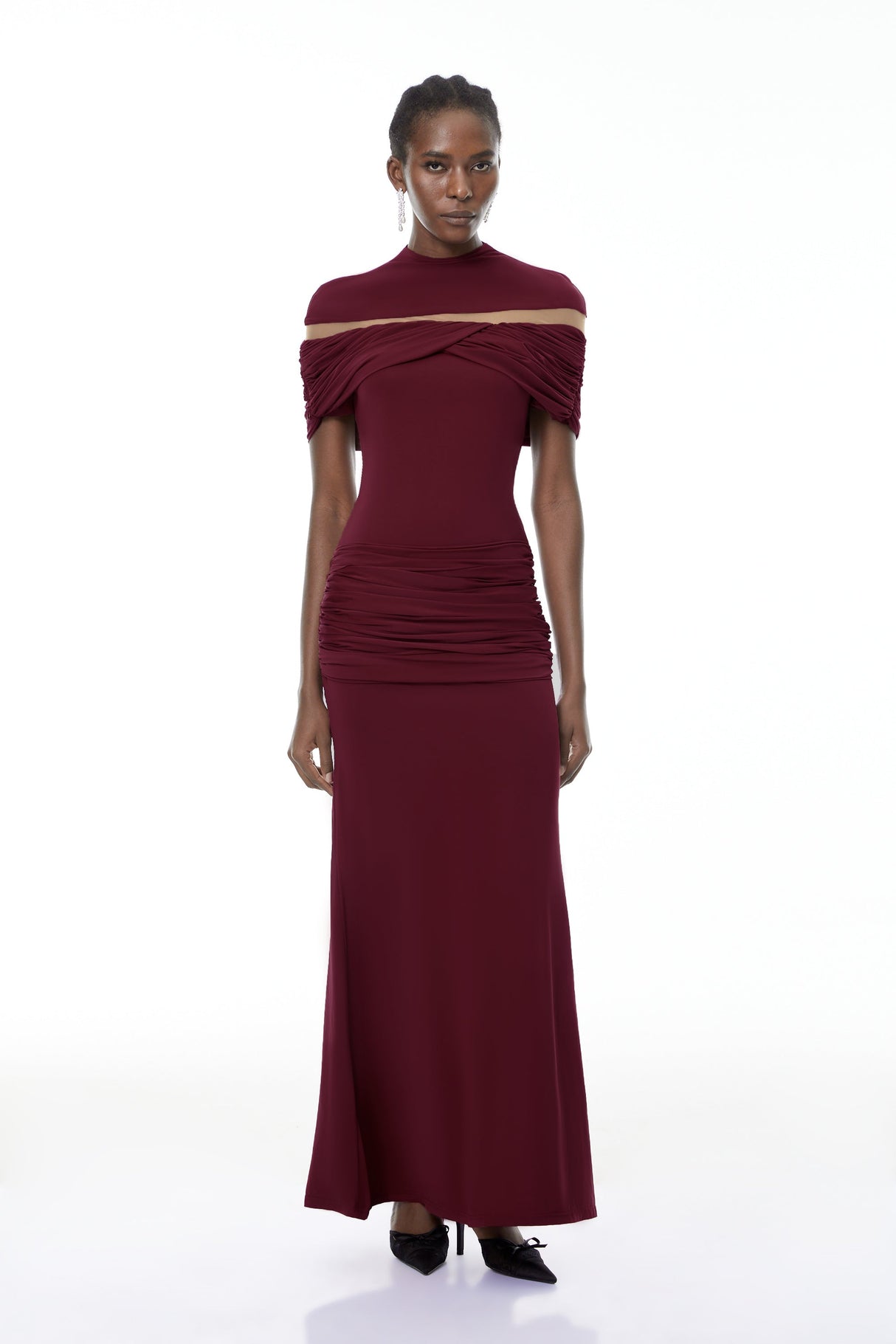 Aurohaya Lise Burgundy Ruched Maxi Dress with Cut-Outs