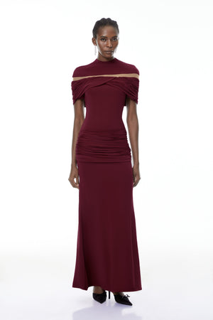 Aurohaya Lise Burgundy Ruched Maxi Dress with Cut-Outs