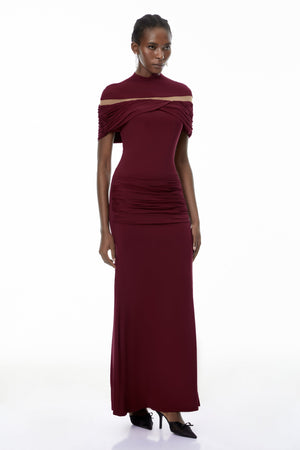 Aurohaya Lise Burgundy Ruched Maxi Dress with Cut-Outs