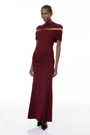 Aurohaya Lise Burgundy Ruched Maxi Dress with Cut-Outs