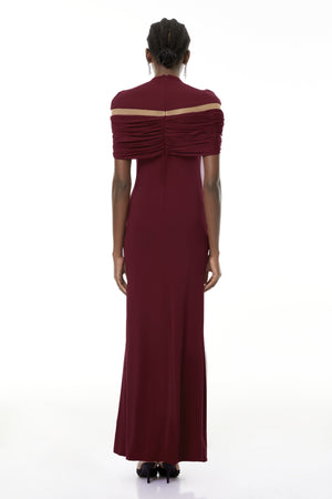 Aurohaya Lise Burgundy Ruched Maxi Dress with Cut-Outs