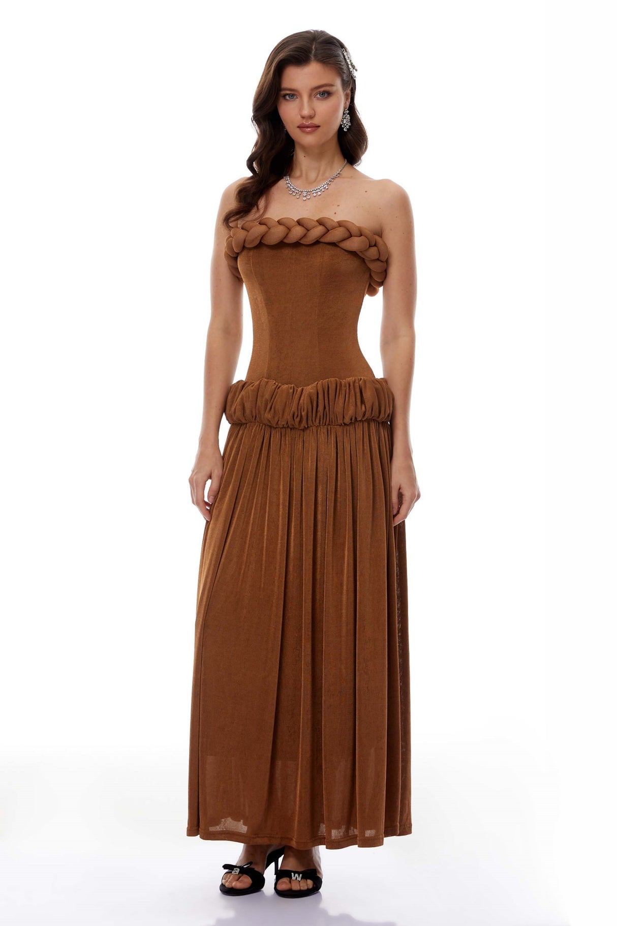 Aurohaya Lluís Brown Ruched Maxi Dress with Braid Detail