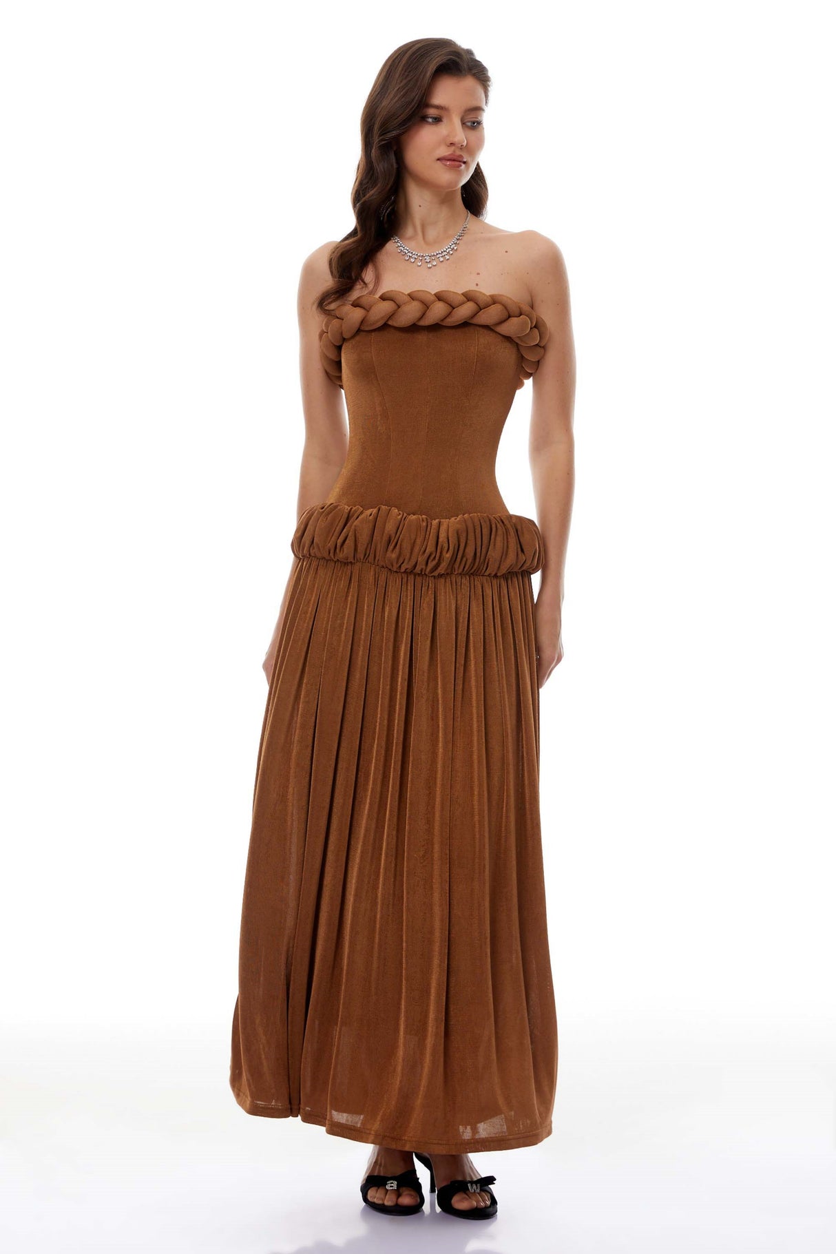 Aurohaya Lluís Brown Ruched Maxi Dress with Braid Detail