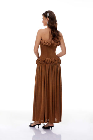 Aurohaya Lluís Brown Ruched Maxi Dress with Braid Detail