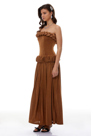 Aurohaya Lluís Brown Ruched Maxi Dress with Braid Detail