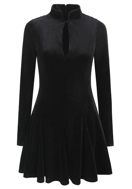 Long Sleeve A Line Velvet Dress Black
