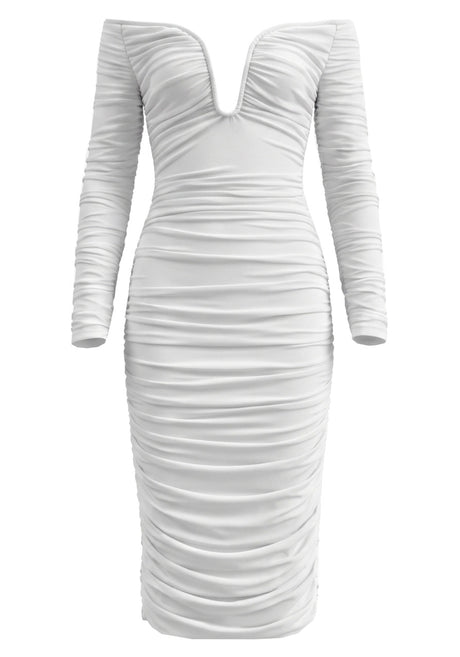 Long Sleeve Bardot Draped Midi Dress White