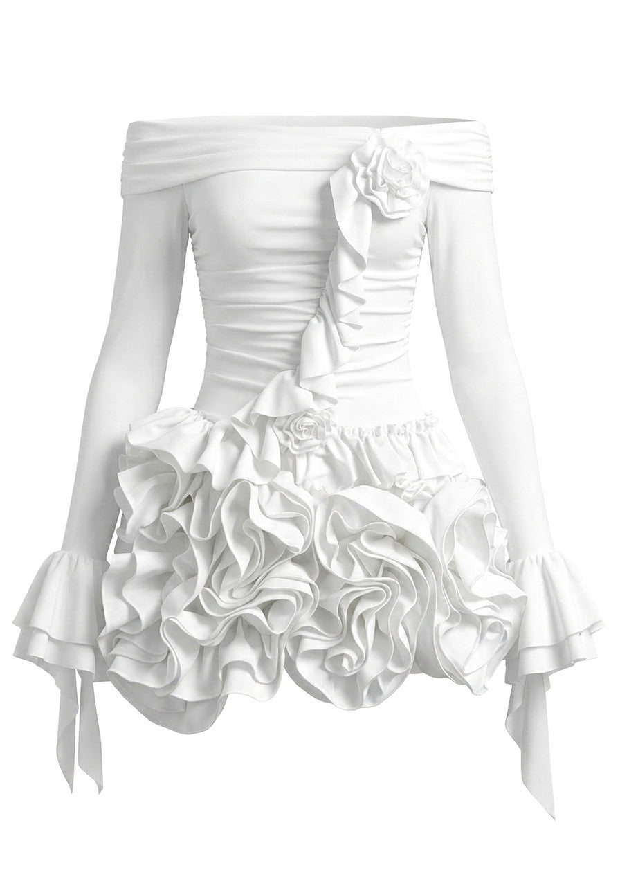 Long Sleeve Bardot Floral Ruffle Two Piece Dress White