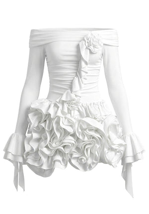 Long Sleeve Bardot Floral Ruffle Two Piece Dress White