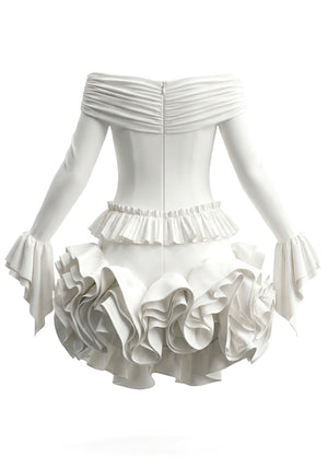Long Sleeve Bardot Floral Ruffle Two Piece Dress White