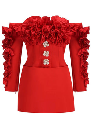 Long Sleeve Bardot Ruffle Dress Red