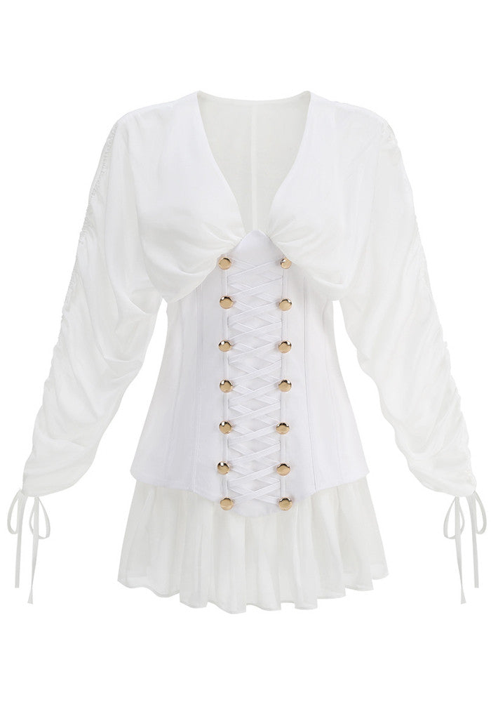 Long Sleeve Corset A Line Dress White