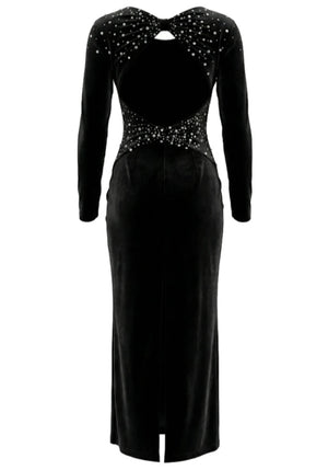 Long Sleeve Crystal Backless Maxi Velvet Dress Black