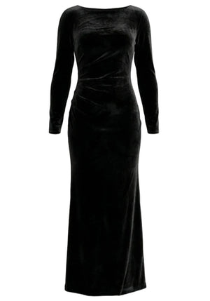 Long Sleeve Crystal Backless Maxi Velvet Dress Black