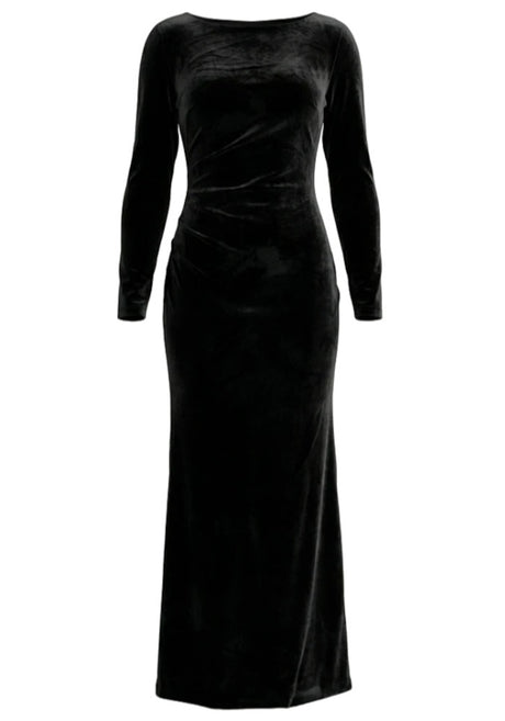 Long Sleeve Crystal Backless Maxi Velvet Dress Black