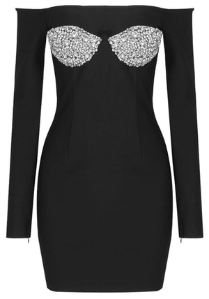 Long Sleeve Crystal Bustier Dress Black