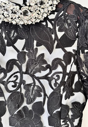 Long Sleeve Crystal Collar Floral A Line Maxi Dress Black White