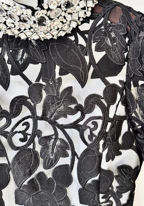 Long Sleeve Crystal Collar Floral A Line Maxi Dress Black White