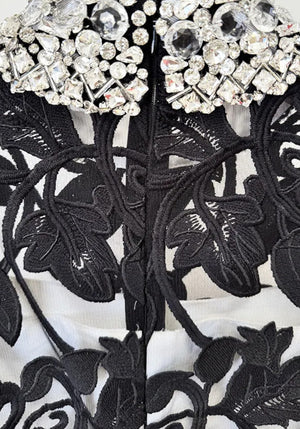 Long Sleeve Crystal Collar Floral A Line Maxi Dress Black White