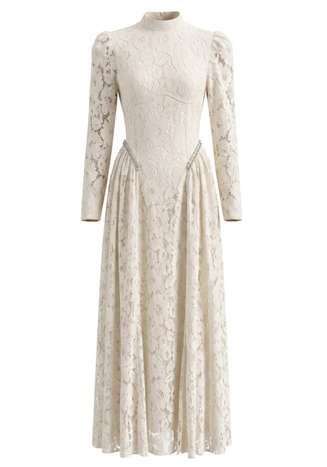 Long Sleeve Crystal Detail A Line Lace Maxi Dress Ivory