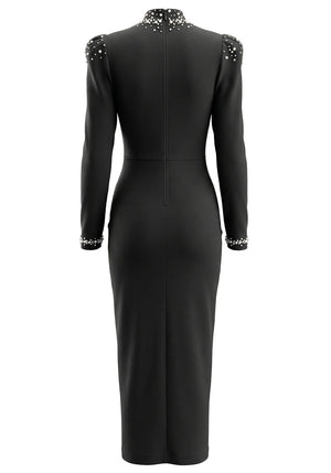 Long Sleeve Crystal Embellished Maxi Dress Black