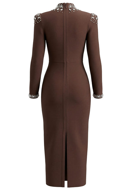 Long Sleeve Crystal Embellished Maxi Dress Brown