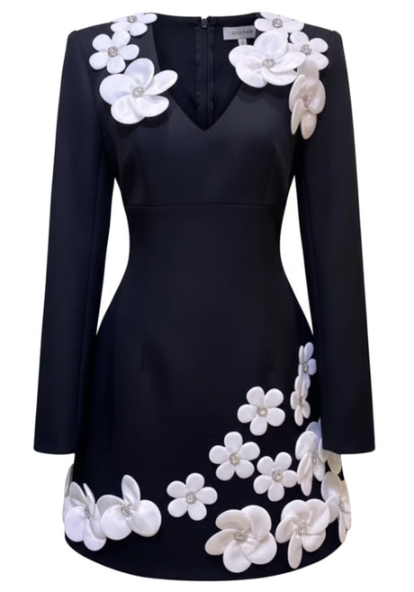 Long Sleeve Crystal Floral A Line Dress Black White