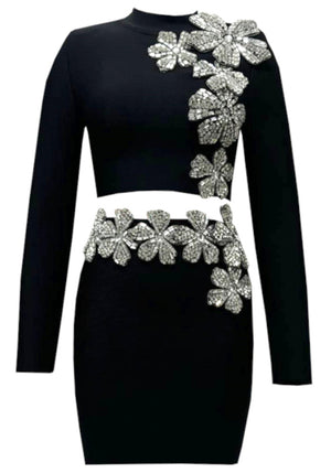 Long Sleeve Crystal Floral Detail Two Piece Dress Black
