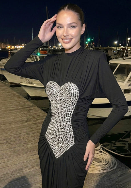 Long Sleeve Crystal Front Draped Maxi Dress Black