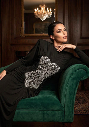 Long Sleeve Crystal Front Draped Maxi Dress Black