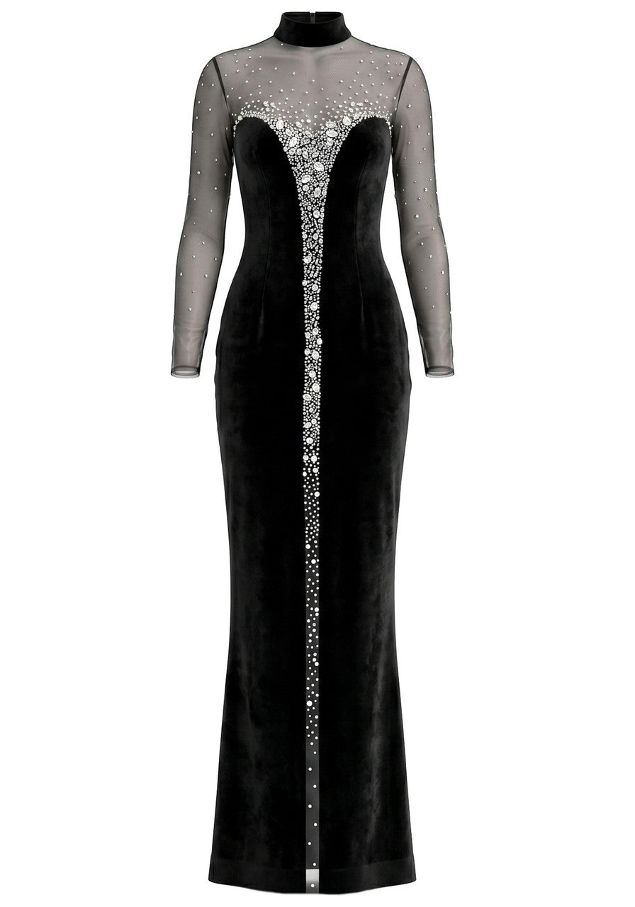 Long Sleeve Crystal Mesh Maxi Velvet Dress Black