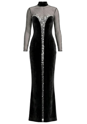 Long Sleeve Crystal Mesh Maxi Velvet Dress Black
