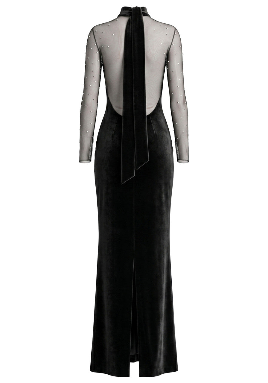 Long Sleeve Crystal Mesh Maxi Velvet Dress Black