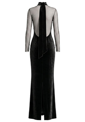 Long Sleeve Crystal Mesh Maxi Velvet Dress Black