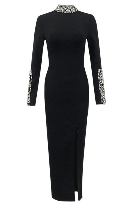Long Sleeve Crystal Detail Midi Dress Black