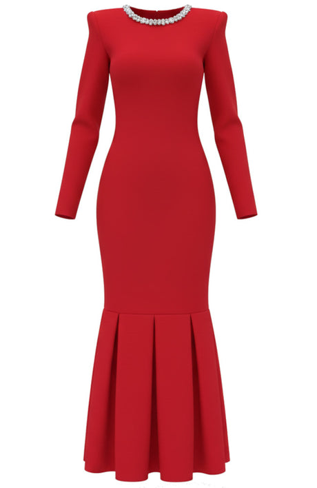 Long Sleeve Crystal Neck Fluted Midi Dress Red