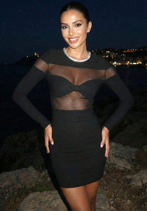 Long Sleeve Crystal Neckline Mesh Dress Black