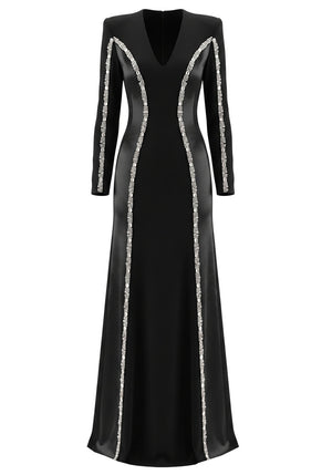 Long Sleeve Crystal Trim Maxi Dress Black