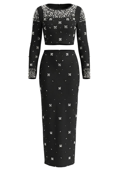 Long Sleeve Crystal Embellished Two Piece Maxi Dress Black