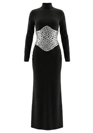Long Sleeve Crystal Waist Maxi Dress Black