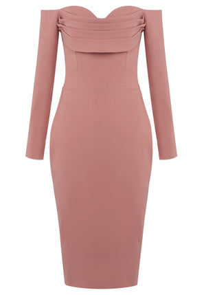Long Sleeve Draped Bardot Midi Dress Pink